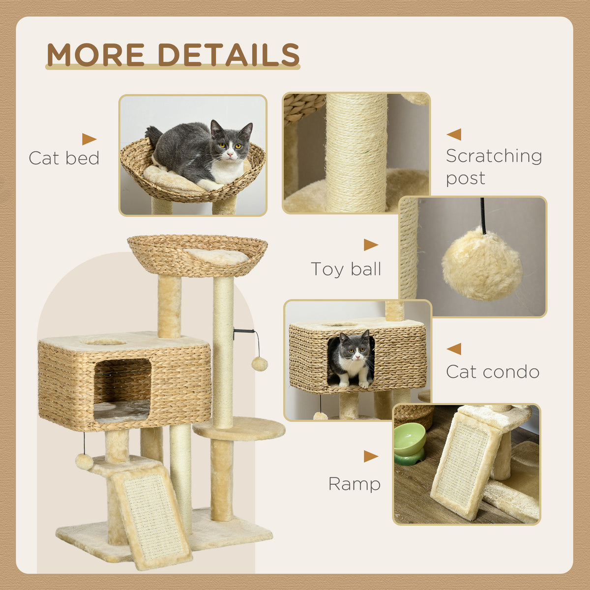 Cat Tree Tower with Scratching Posts & Condo – Beige – image 3