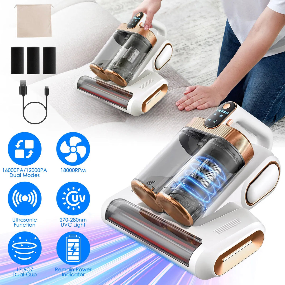 Cordless Mattress Vacuum Cleaner with UV-C Light