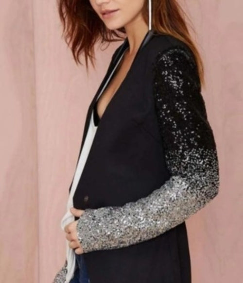 Women's Black Blazer with Sequin Sleeves – image 2