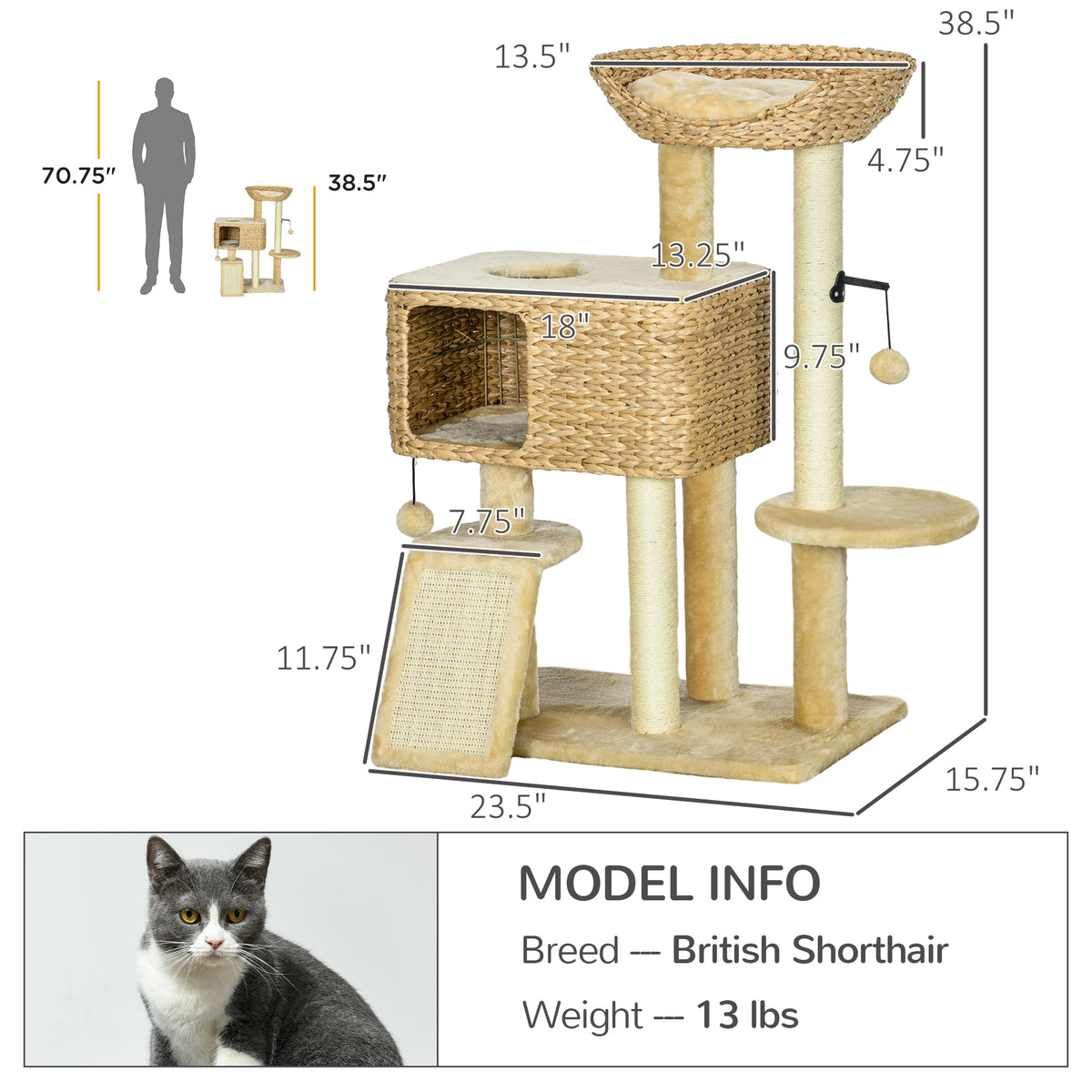 Cat Tree Tower with Scratching Posts & Condo – Beige – image 6