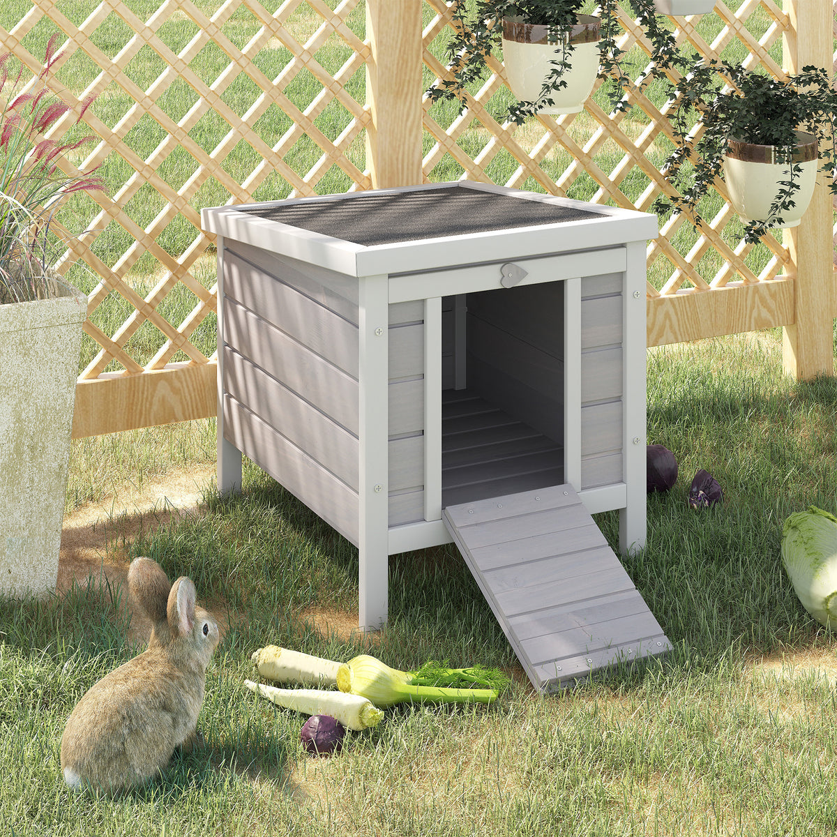 Wooden Rabbit Hutch with Waterproof Hinged Roof – Grey – image 6